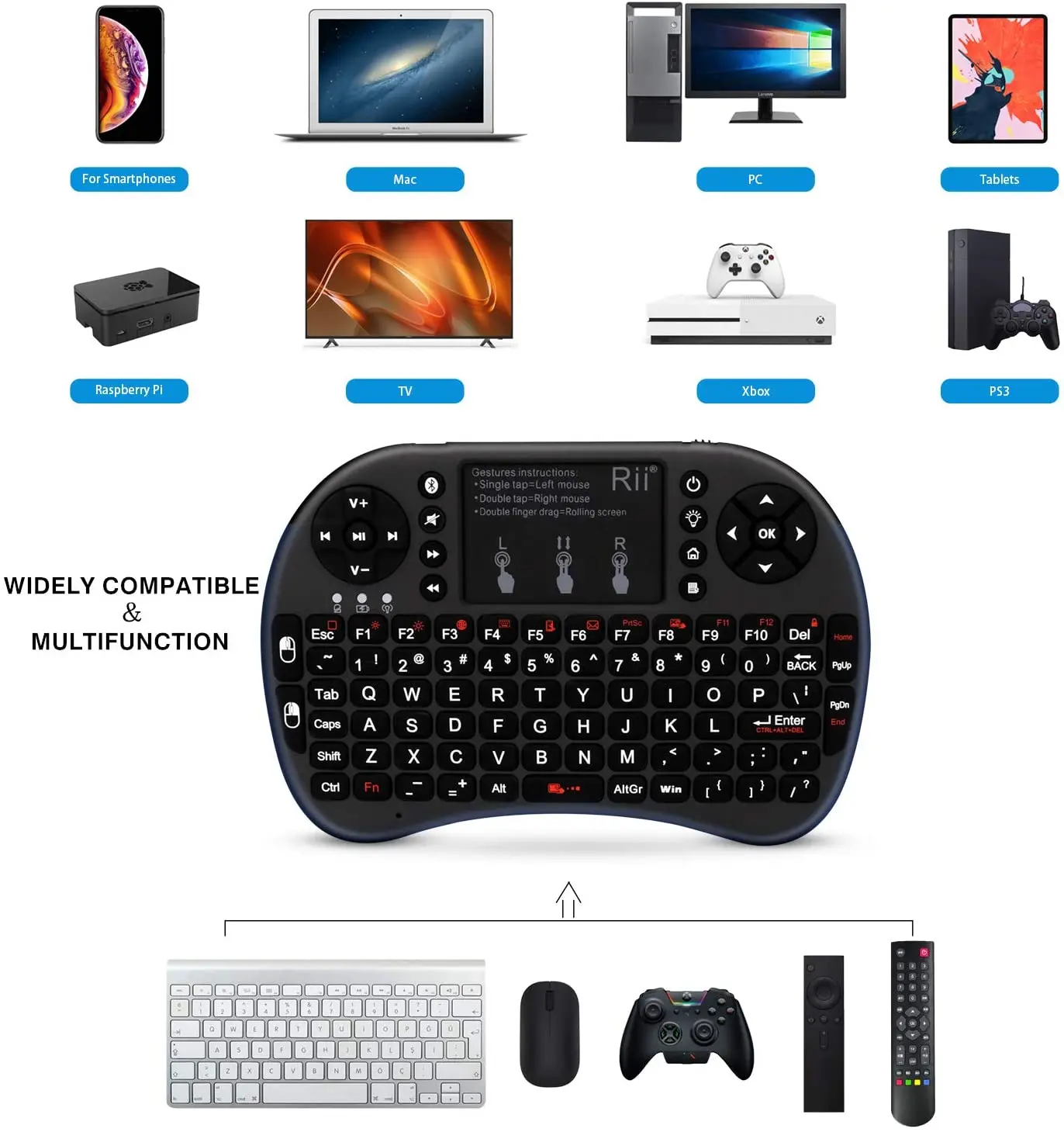 Rii Mini Bluetooth Keyboard With Touchpad Backlit Portable 2.4GHZ Wireless Keyboard For Smartphones Laptop/PC/Windows/Mac/TV Box