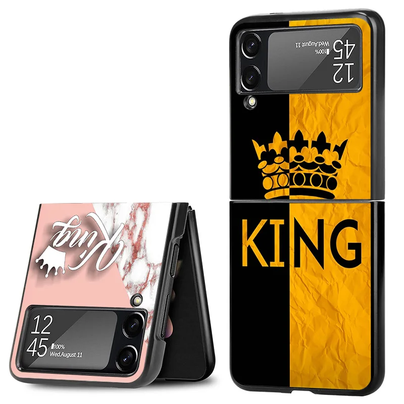 Matte Phone Case For Samsung Galaxy Z Flip6 5G Flip5 Flip4 Flip3 ZFlip 6 3 4 5 King Queen Marbel crown Hard Black Cover