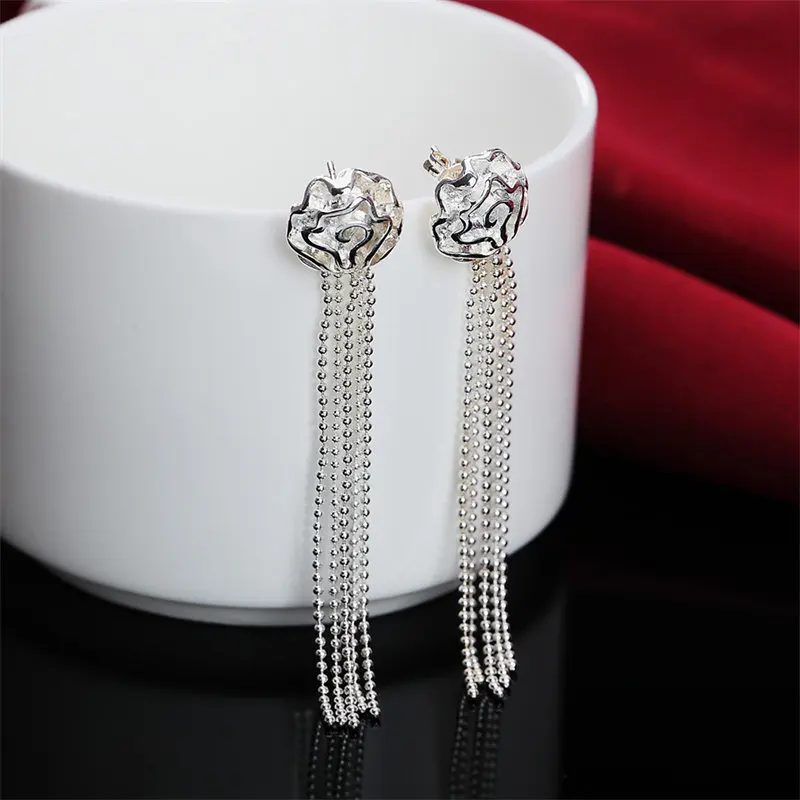 High Quality 925 Sterling Silver Luxury 63MM Tassel Rose Flower Earrings Women For Fashion Charm Wedding Gift Jewelry Wholesale