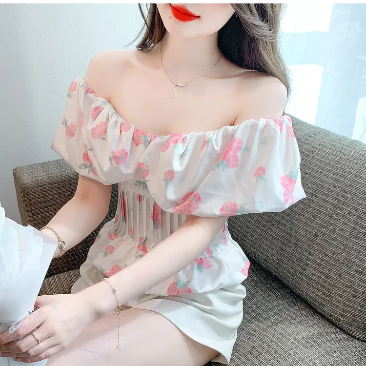 2025 été nouveau Style Sexy une épaule vacances Style à volants Floral à manches courtes taille petit haut pour les femmes