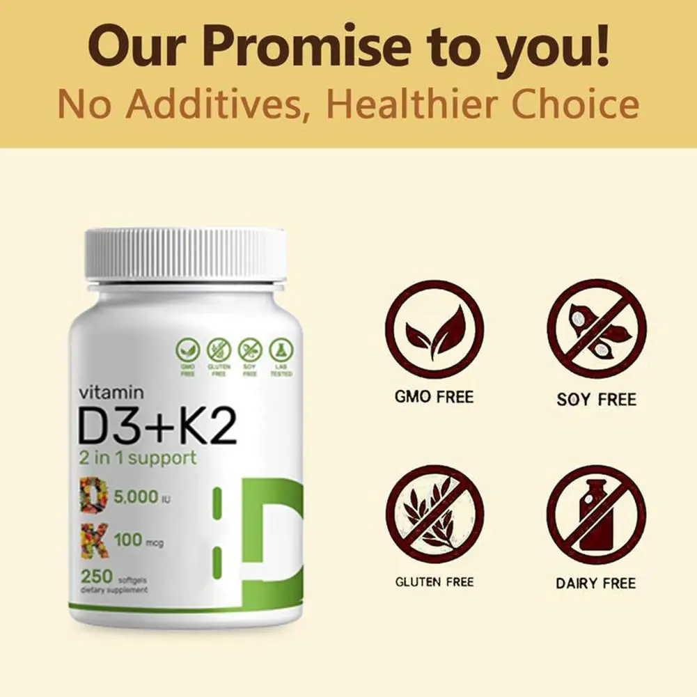 Vitamin D3 + K2 2 In 1 Support Assist Calcium Absorption Promote Healthy Bones Enhance Immunity 120 Pcs Soft Capsules