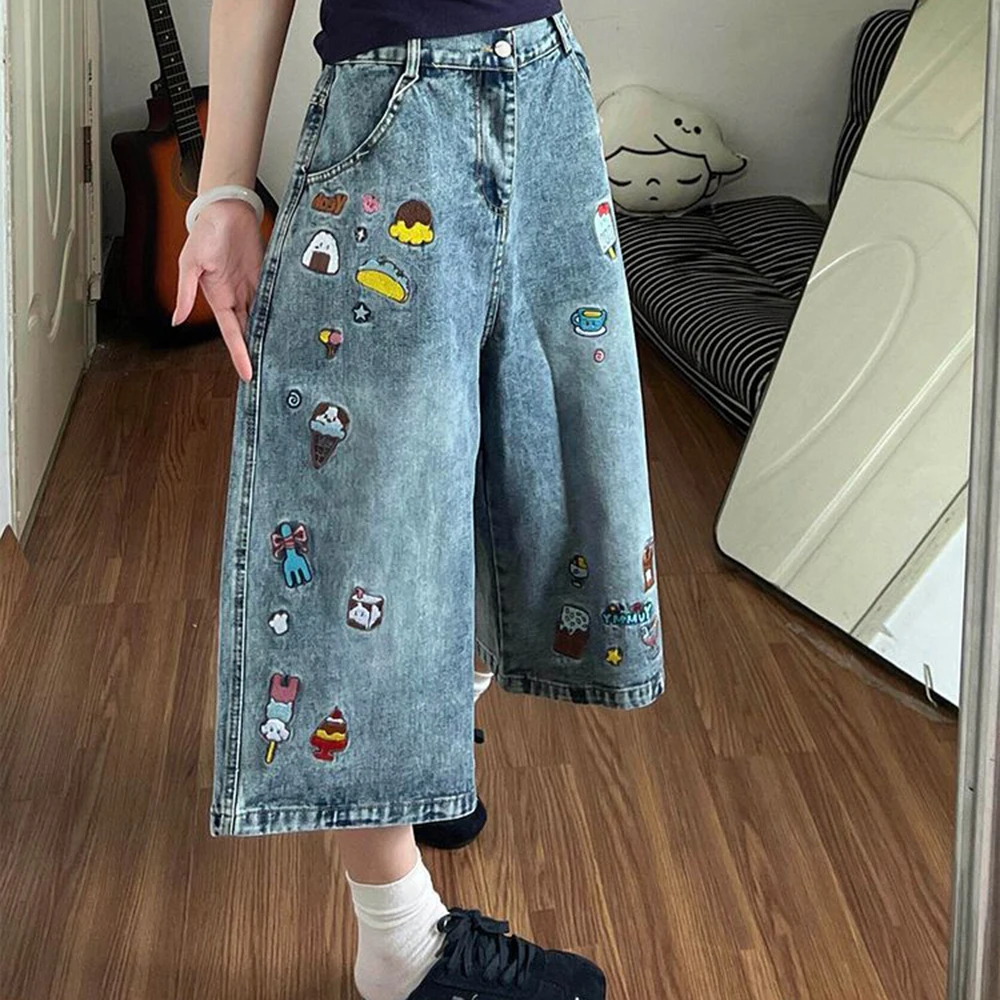 American vintage embroidered denim cropped pants for women, 2026 summer new design loose wide-leg shorts