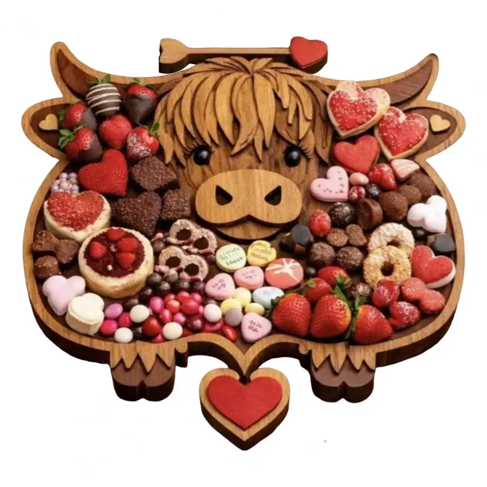 

Highland Cow Rustic Serving Tray Hardwood Serving Plate with Compartments Wooden Platter for Cheese Fruit Snacks Party Board