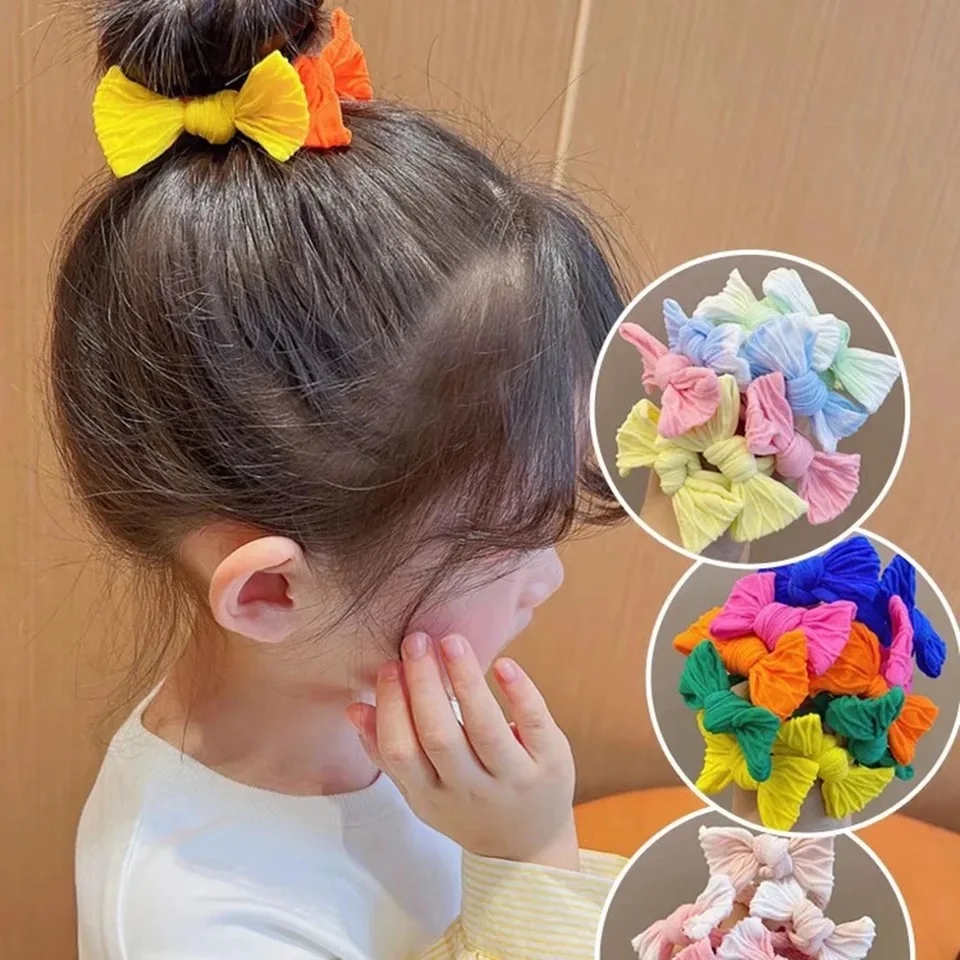 5Pcs/Set Cute Bowknot Solid Colors Girls Hair Rope Hair Accessories High Elastic Hair Tie Nylon Scrunchie Headbands Headwear