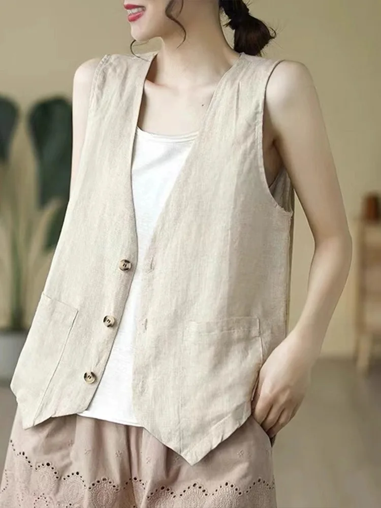 

Casual Cotton Linen Vest Women Summer 2025 Loose Fit Color Versatile Simple Sle Outerwear Top Commute Thin Model Sing...