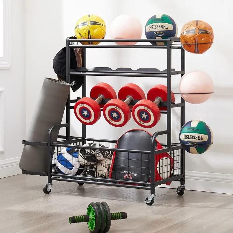 

4-Tier Metal Sports Equipment Organizer with Wheels,Rolling Sports Gear Storage Rack with Hooks & Baskets for Basket