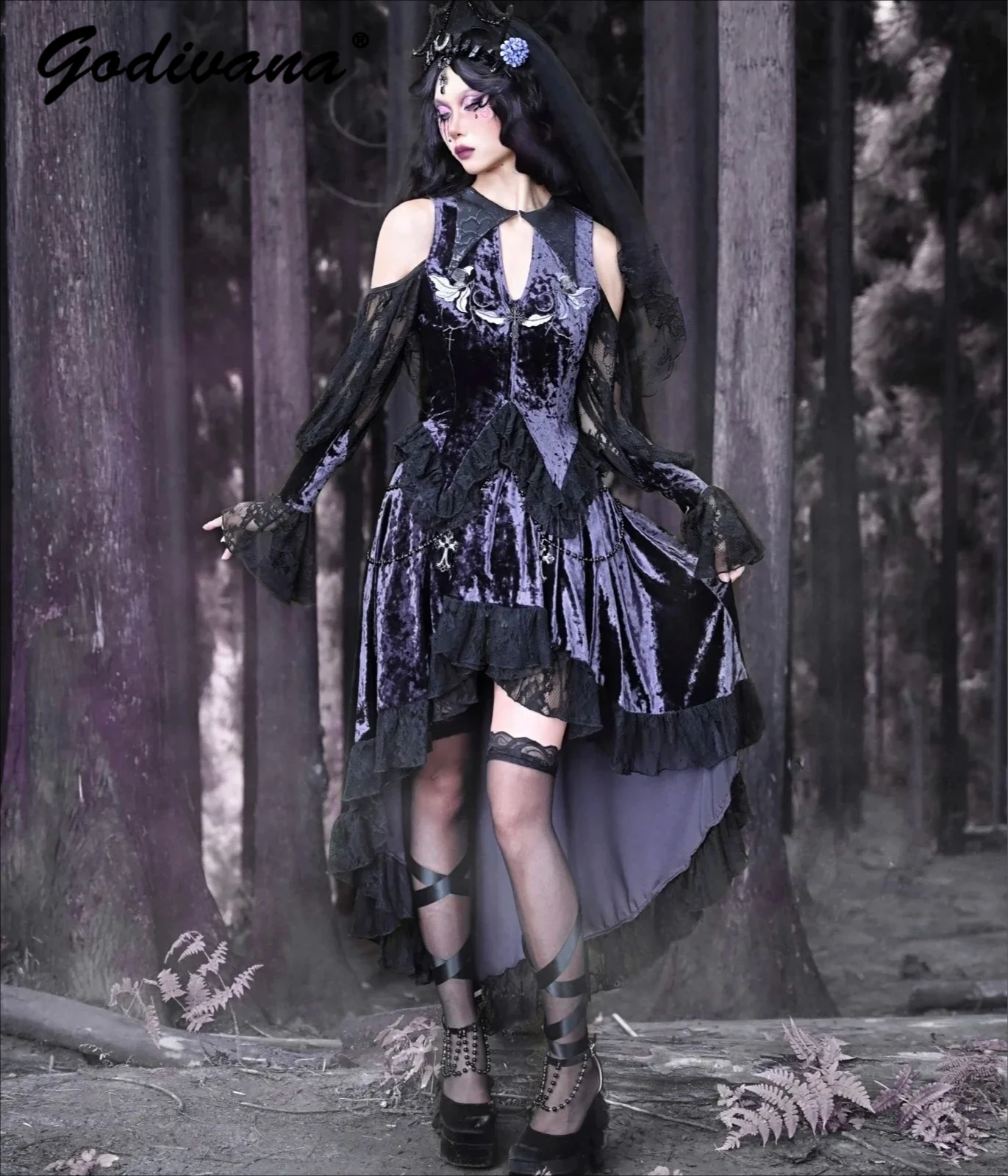 

Оригинальная новая осенняя женская рубашка в стиле ретро с фиолетовой бархатной вышивкой и длинными рукавами, топ, юбка с рыбьим хвостом, готический комплект из 2 предметов на Хэллоуин