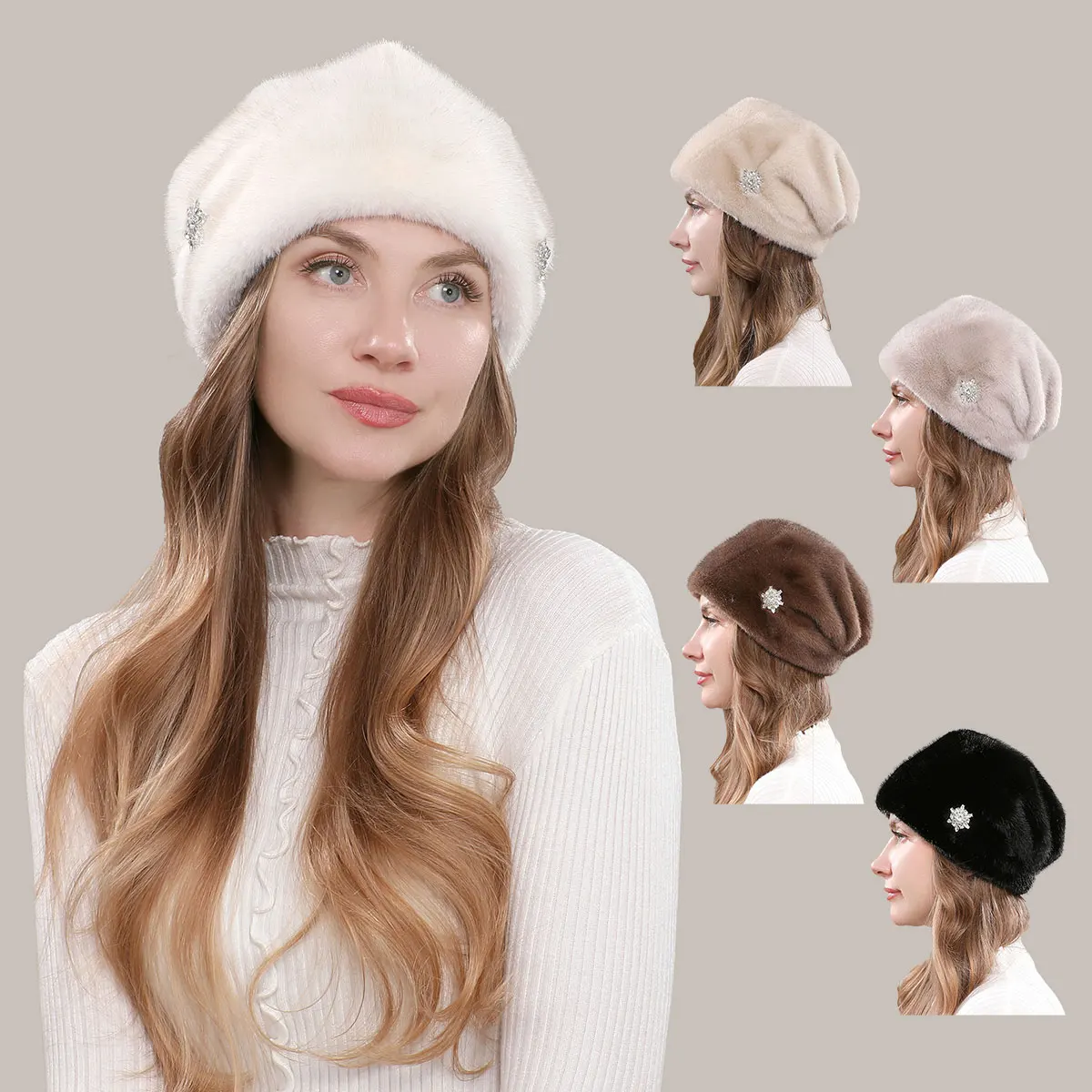 Women'S Winter Hat Faux Mink Flower Decoration Thickened Hat Luxury Warm Solid Color Autumn And Winter Warm Beanie