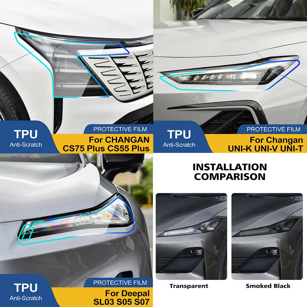Für Changan Rauchschwarz Hochglanz Vorgeschnittene TPU-Scheinwerferschutzfolie PPF Kratzfeste Vinyl-Wrap-Abdeckung Kit Auto-Zubehör