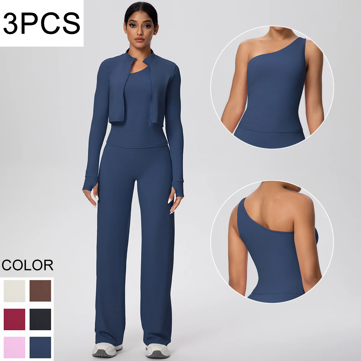 

Женский спортивный комплект для йоги Тонкая куртка на молнии Сексуальный противоударный бюстгальтер на одно плечо для тренировок в тренажерном зале Полная длина Женская одежда для спортзала Комплект для йоги