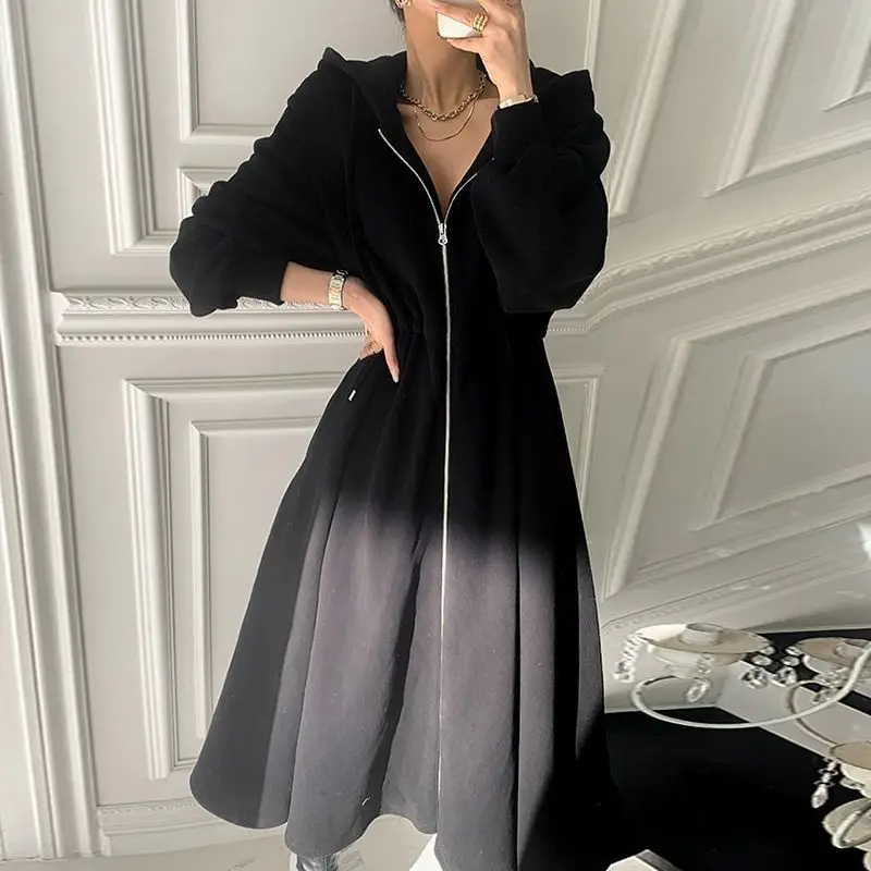

Hooded Zipper Hoodie Cardigan Mid Length Dress 2025 Autumn/winter Waist Cinching Sports and Casual Big Skirt Hem A Appears Slim