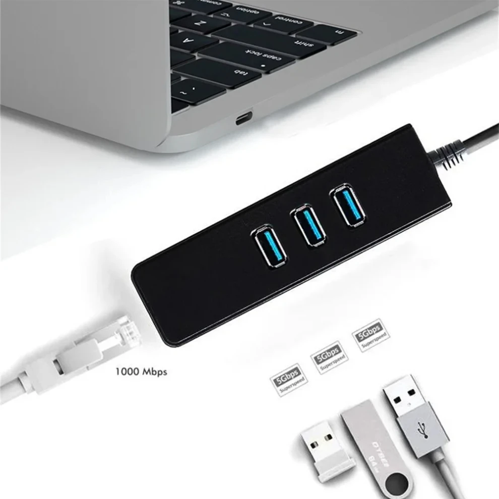 3 Port USB 3.0 Ethernet LAN RJ45 Hub 100Mbps Network Adapter 4 Port Wired External High Speed USB Hub For PC Laptop Mac Windows