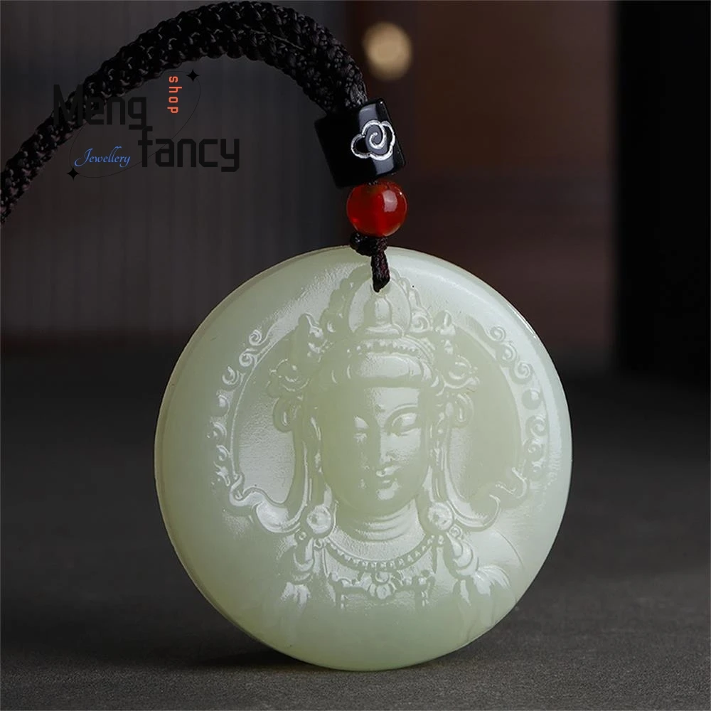 

Natural Afghan Greenish White Jade Tara Guanyin Bodhisattva Pendant National Style Buddhist Amulets Fashion Jewelry Holiday Gift