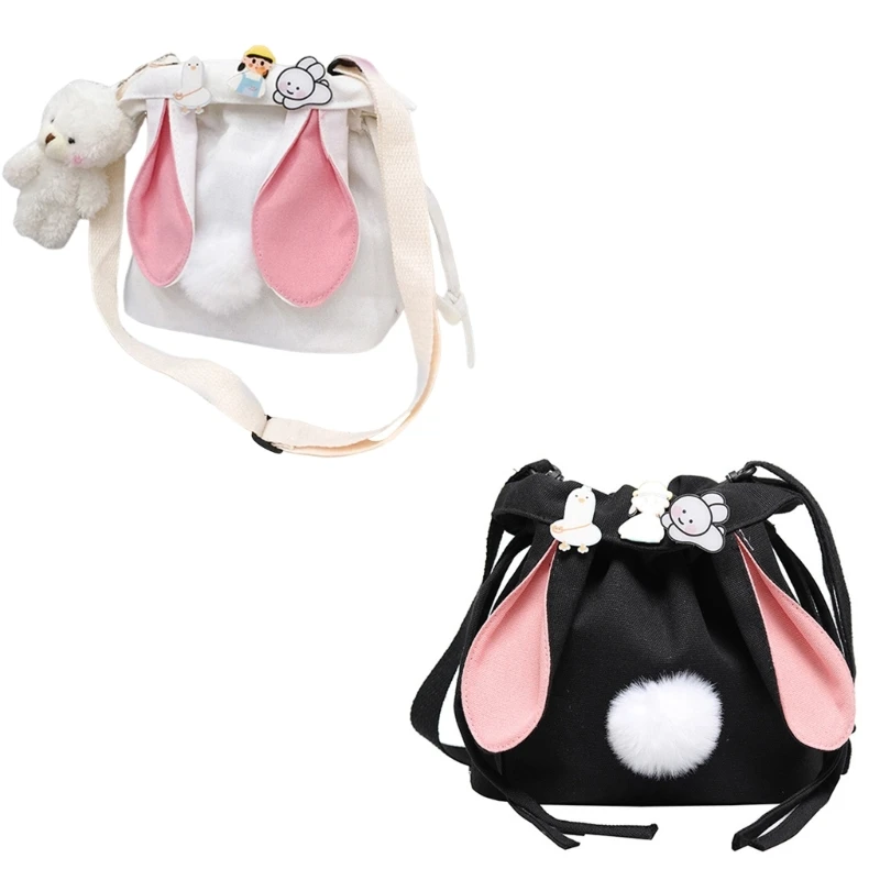 Canvas Shoulder Bag Drawstring Small Bucket Purse Rabbit Ears Crossbody Bag