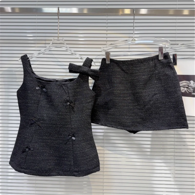 المشاهير سيدة فاخرة أنيقة 2 قطعة مجموعات أسود بيج الحلو القوس قصيرة تانك القمم و خط تنورة صغيرة الصيف شيك 2 قطعة فستان الدعاوى #4