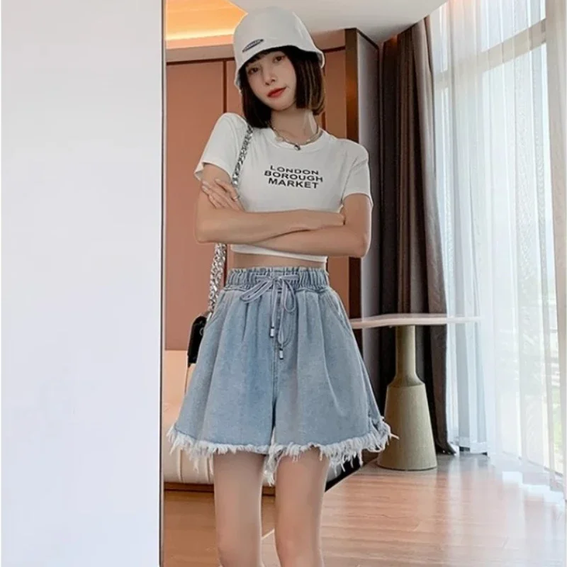 2025 Summer Denim Shorts Pant Women Fashion Solid Color Elastic High Waist Loose Thin Versatile Short Woman