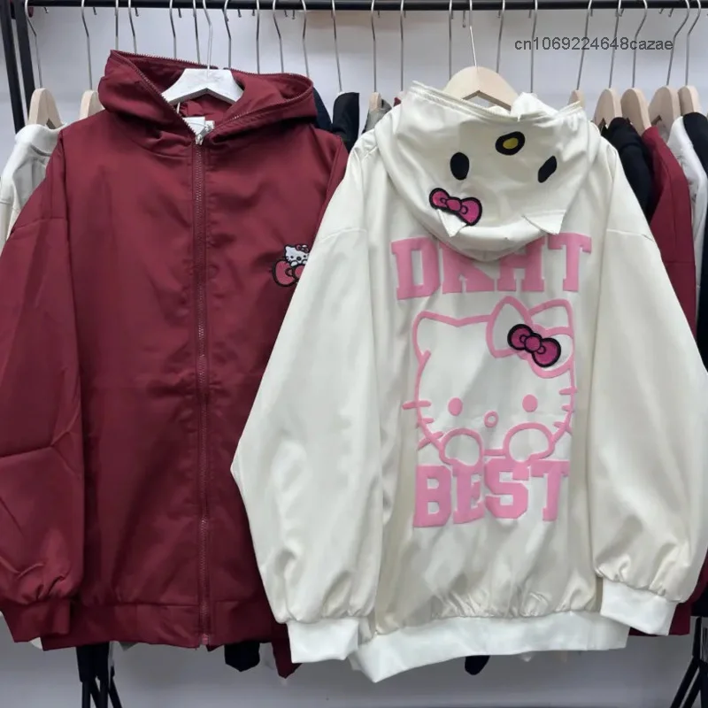 Sanrio Hello Kitty Autumn Outdoor Jackets Women Fashion Clothes Cartoon Cute Bow Jacket Y2k Zipper Cardigan Top Shirts Hooded