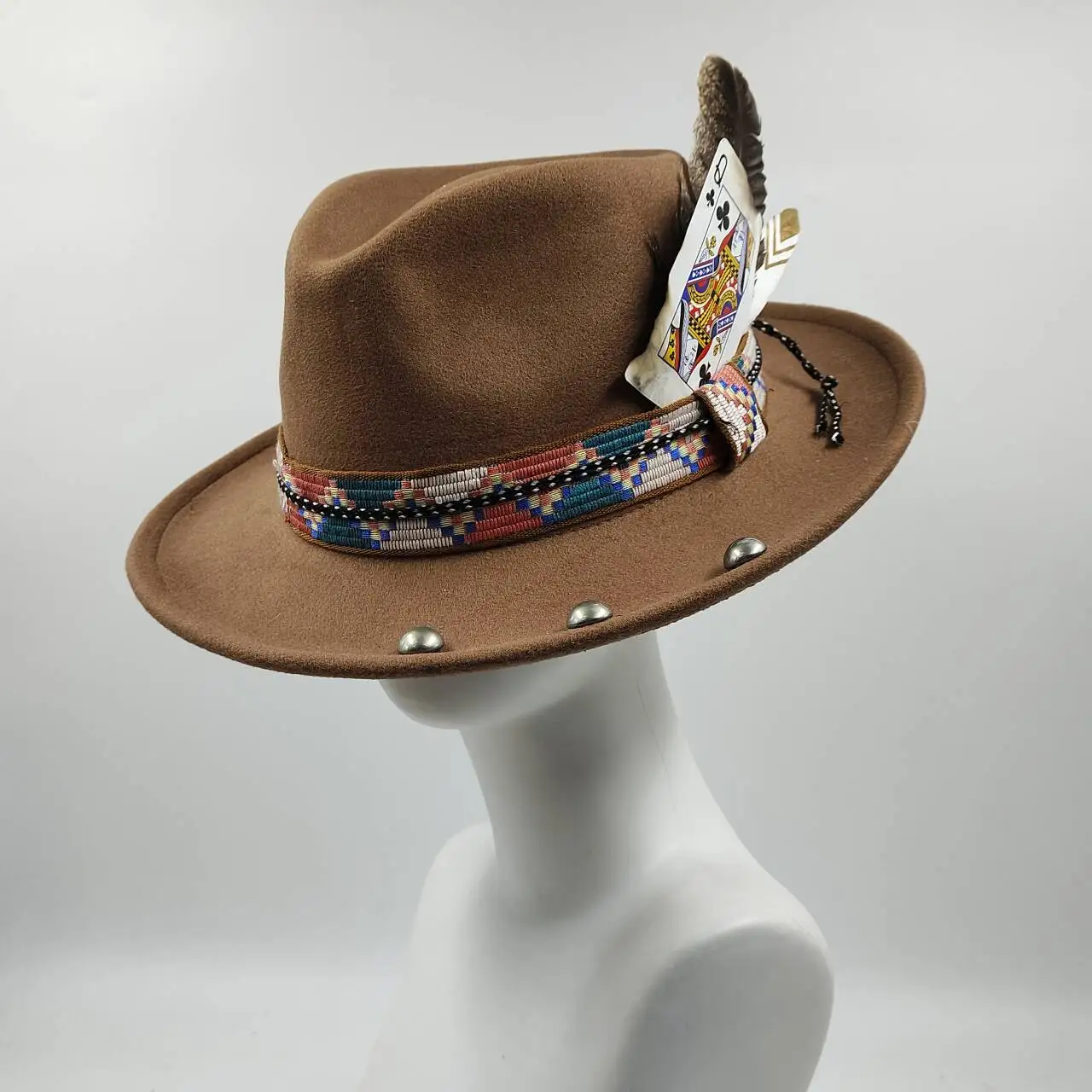 Feather Fedoras Hat for Men Women Black Felt Wide Brim Jazz Cap Gentleman Caps Plum Blossom 8 Playing Card Design Fedora Hat