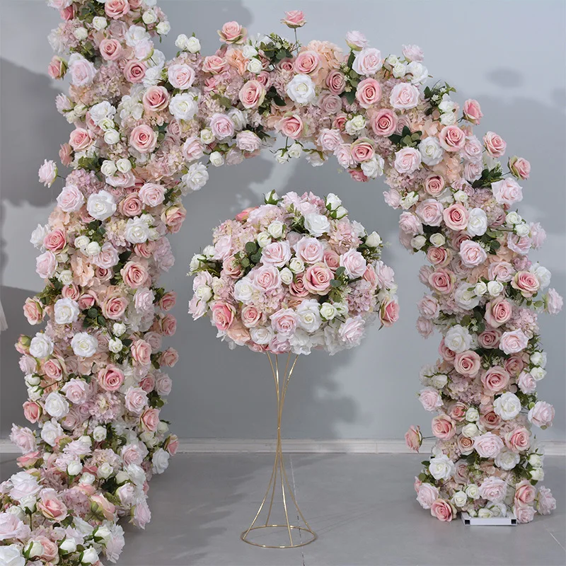 Luxury Pink Rose White Greenery Flower Row Runner Wedding Arch Decor Floral Arangement With Frame Flower Stand Event Decor Prop