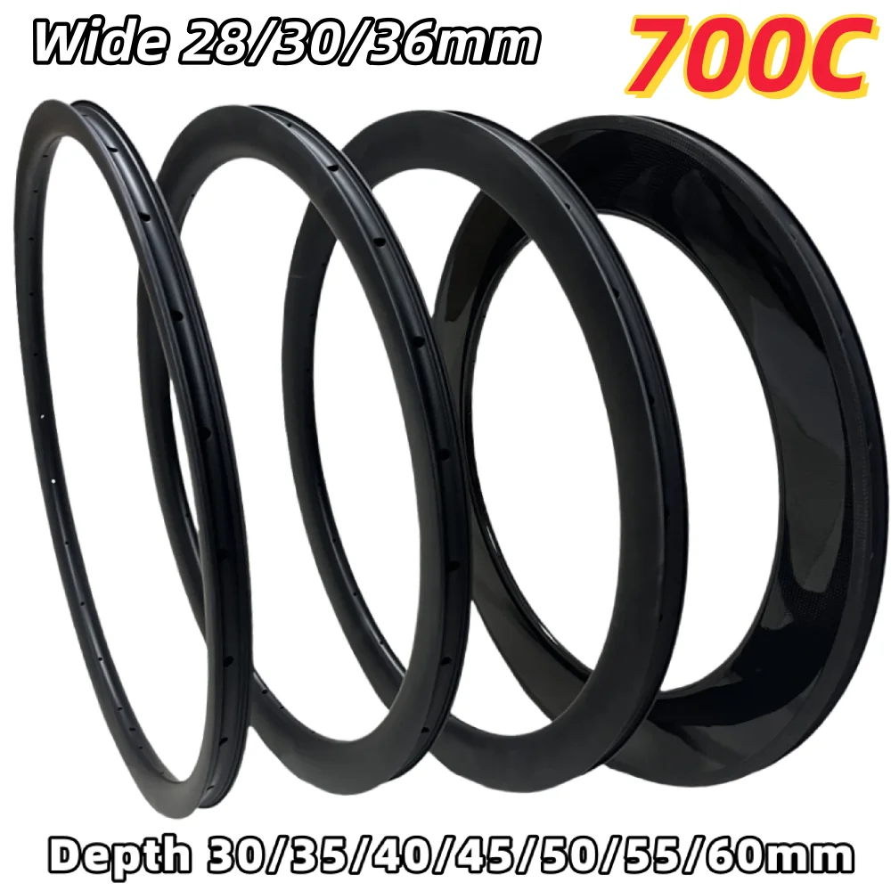 

700C 28mm/30mm/36mm Wide 30/35/40/45/50/55/60mm Depth Carbon Rims Super Light Tubeless Disc Brake Road Bike Carbon Rims