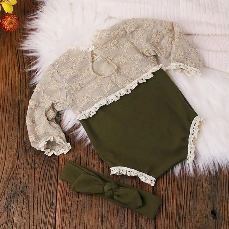 A5YC Newborn Photo Props Bowknot Headband & Lace Jumpsuits Baby Photography Clothes Headdress Long Sleeved Romper for Girl