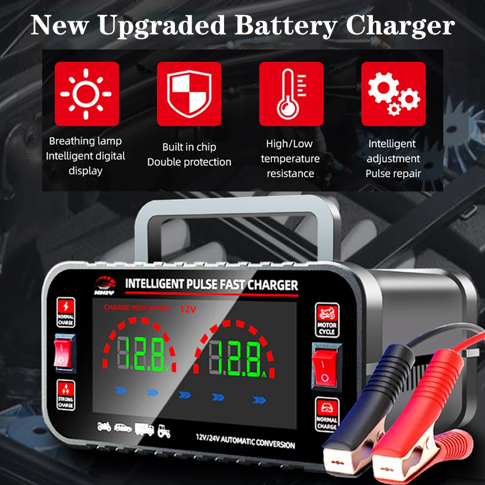 

High Power Car Battery Charger EU Plug Fully Automatic 150W Pulse Repair For Lead Acid AGM GEL Batteries 12V/10A 24V/5A