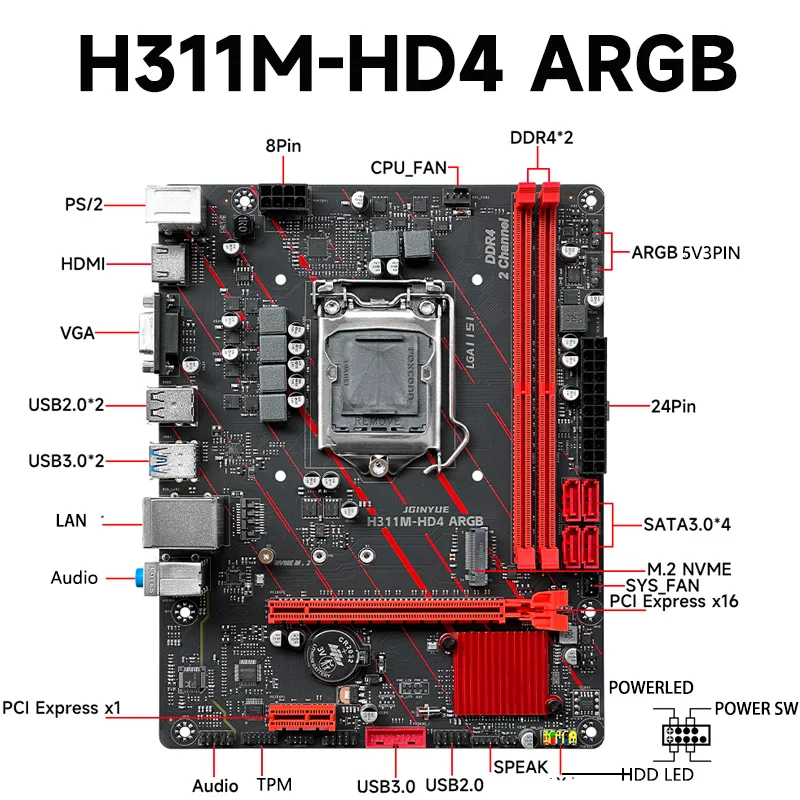 JGINYUE H311M-HD اللوحة الأم 8th Xeon E-2124G 8GB 2666MHz CL19 kit مع iGPU DDR4 ARGB الإصدار الأساسي TDP71W 4C4T L3cache 8MB