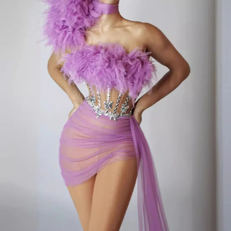 Banquet Shoulder Mesh Waist Feather Sequins Skinny Design Dress Short Skirt Buttocks Women's Troupe Stage Performance Abendkleid
