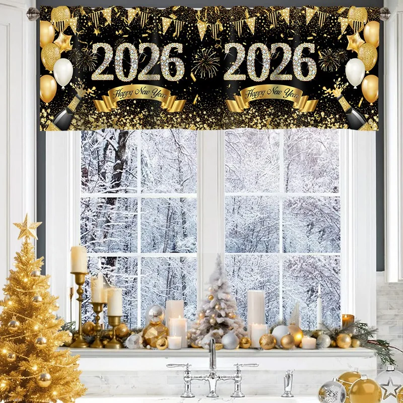 2026 سنة جديدة سعيدة ستائر قصيرة الستائر الألعاب النارية والبالونات علاجات النوافذ زينة السنة الجديدة للحمام المطبخ المنزلي #6