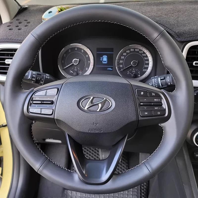 

100% For Hyundai Verna 2017-2020 Hand Stitched white line Genuine Leather Anti slip Car Steering Wheel Cover