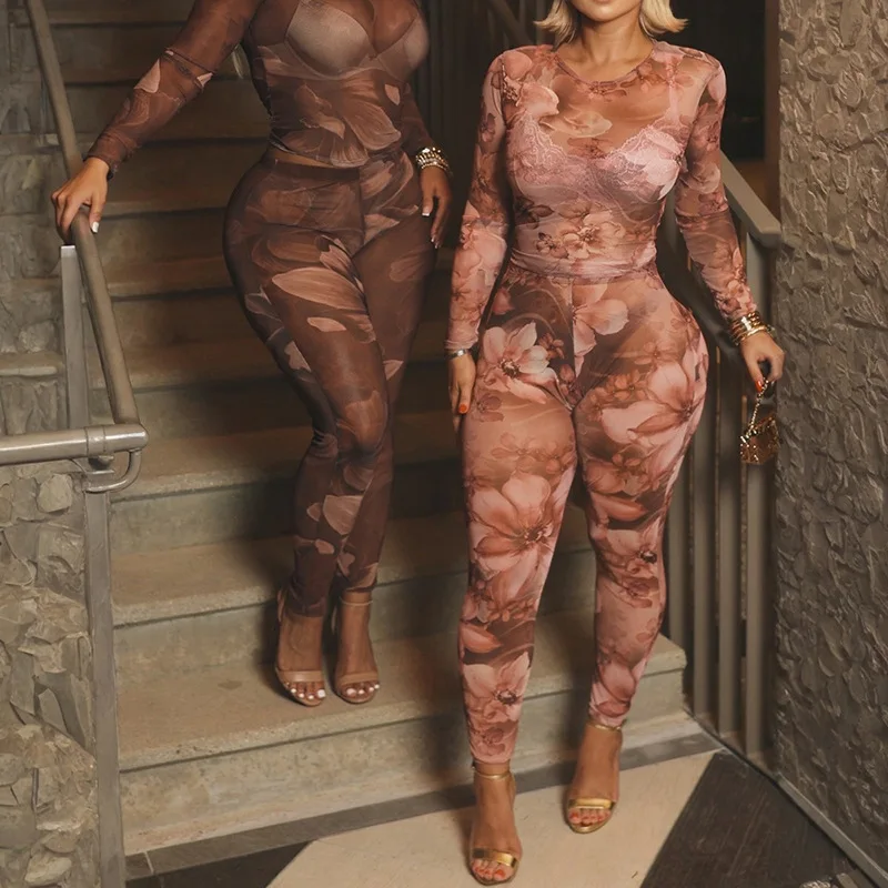 방니웨이구 플라워 프린트 크루넥 탑 힙 타이트 팬츠 세트 여성 메쉬 올오버 프린트 풀 슬리브 시어 수트 베이지