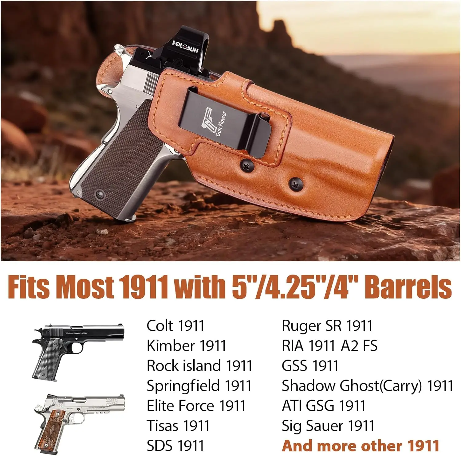 حافظة IWB من الجلد المحبب بالكامل لمعظم أسطوانات طراز 1911 مقاس 5 بوصات 4.25 بوصة 4 بوصة، لكيمبر، كولت، تيسا، S&W، سيج، سبرينغفيلد، S&W، Ruger