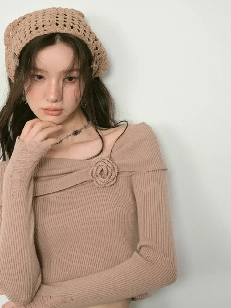 

Knitted Pullovers Women Slash Neck Cropped Slim 3D Flower Sexy All-match Off Shoulder Korean Style Girls Design Tender Fashion