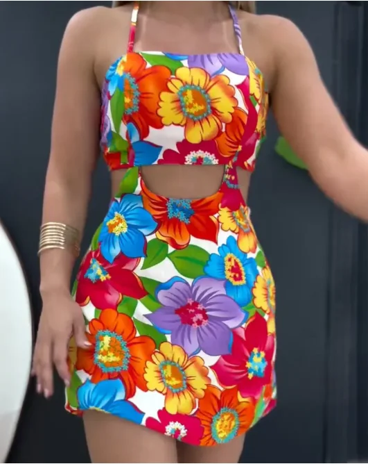 Tuta da vacanza Donna Stampa floreale Canotta senza maniche Tuta senza schienale Y2K Tuta con lacci scavata Tuta da spiaggia sexy