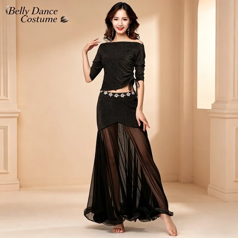 Women‘s Belly Dance Practice Set High Waist Flared Skirt & Crop Top Quick Dry & Wrinkle Resistant Ideal for Stage Performance