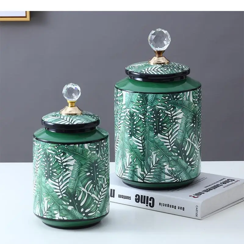 Green Leaf Texture Ceramic Storage Jars with Lids Crystal Cover Jar Tea Caddy Desk Decoration Porcelain Vase Flower Arrangement