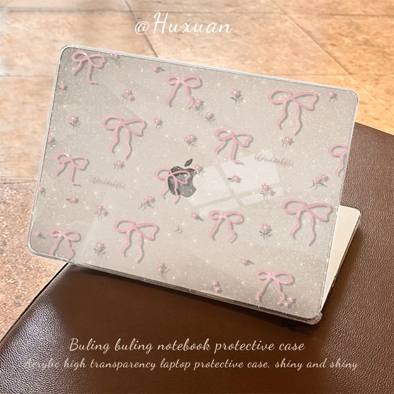 Korean Pink Floral Bow Shining Laptop Case For Macbook Air 13.6 M4 NEO 15 M3 Hard Cover For Mac Book Pro 13 M1 M2 14 M4 M5 16