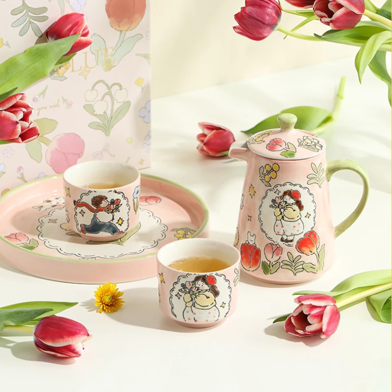 

Hand-painted tea set gift box 4-piece set with tea tray integrated home couple afternoon tea ceramic teapot teacup