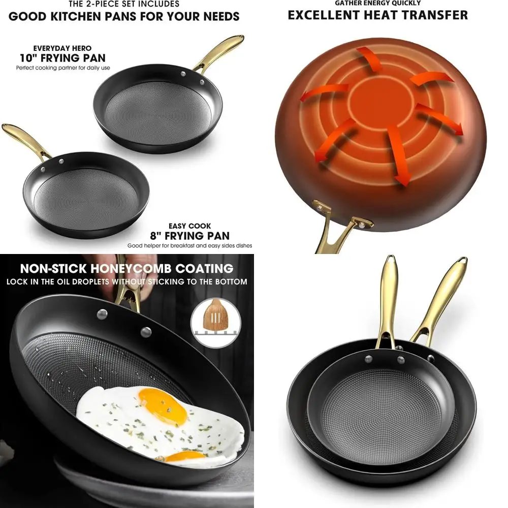 

Набор сковородок с антипригарным покрытием двойного размера — 8 и 10 с золотыми ручками, безопасный для духовки, сотовый дизайн для длительного использования