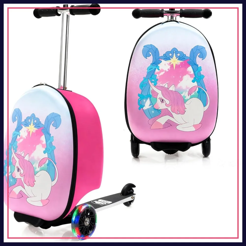 

Scooter Suitcase for Kids, Ride on Luggage with LED Wheels, Carry-On Travel Bag for Ages 3-8