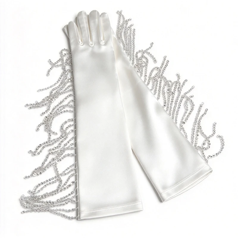 1pair White Bridal Gloves for Women with Soft Luster and Fringe Trim for Wedding Gowns and Formal Ceremonies D0UB