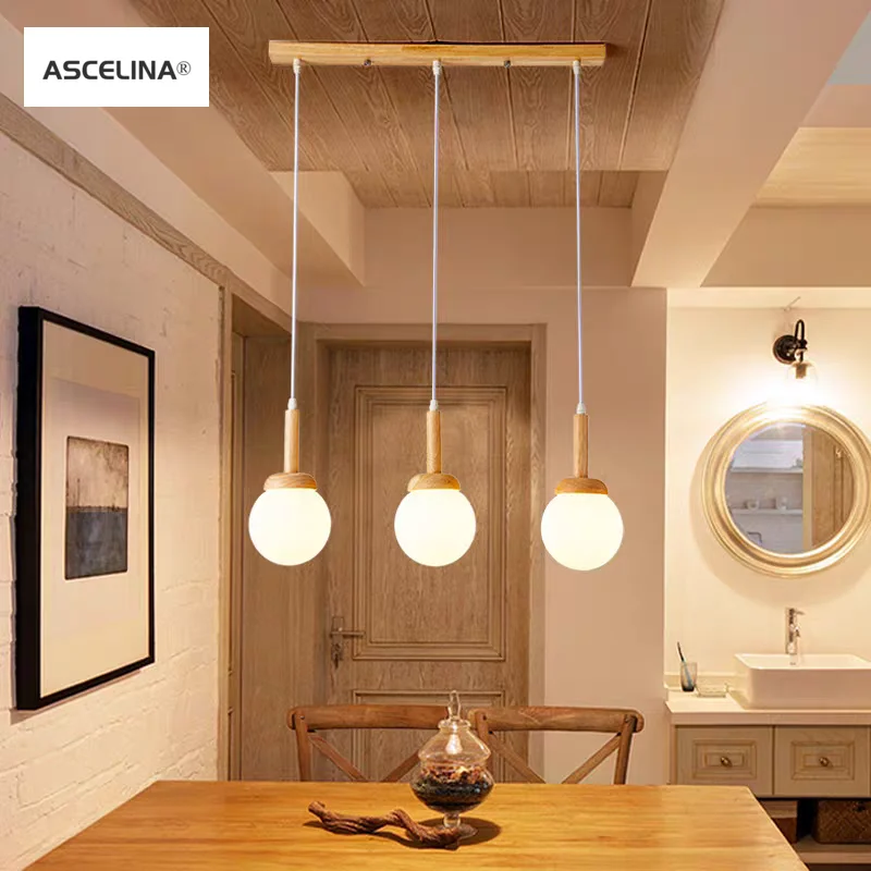 

Nordic wood pendant lamp atmospheric Chinese three head dining room dining room modern simple bar personalized creative kitchen