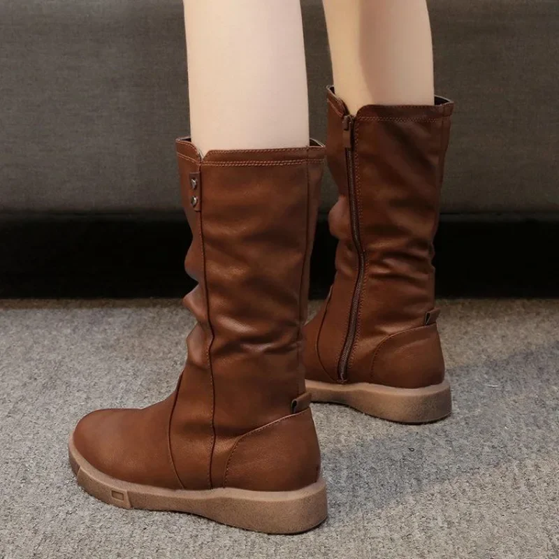 Brown Ladies Mid Calf Shoes Round Toe Middle Heel Comfortable and Elegant Women's Half High Boots Demi-season Large Size Warm Pu