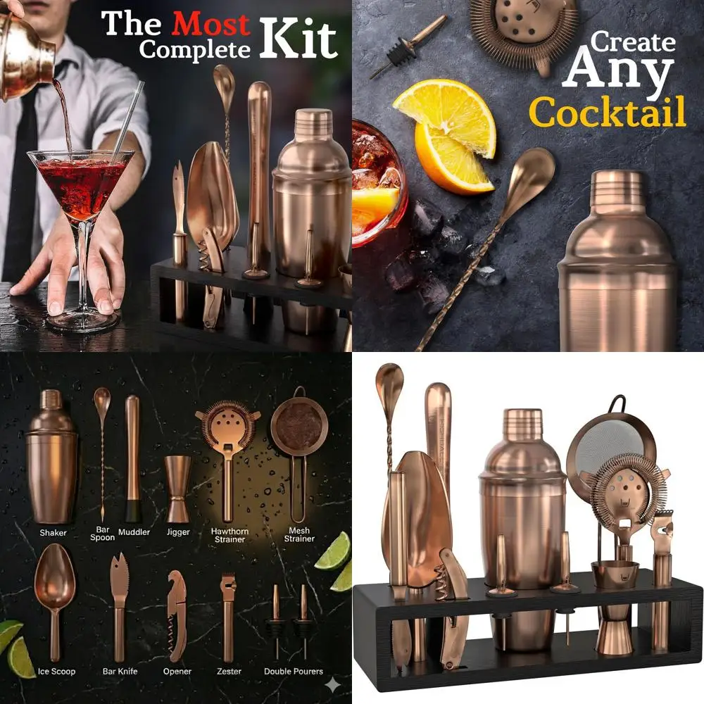 

Набор для приготовления коктейлей из 13 предметов из матовой меди и нержавеющей стали с гравированными инструментами и электронной книгой с 30 рецептами для домашнего бара