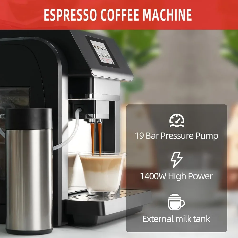 Máquina de café expreso totalmente automática, Espumador de leche, molinillo incorporado, pantalla táctil intuitiva, 7 variedades de café para el hogar