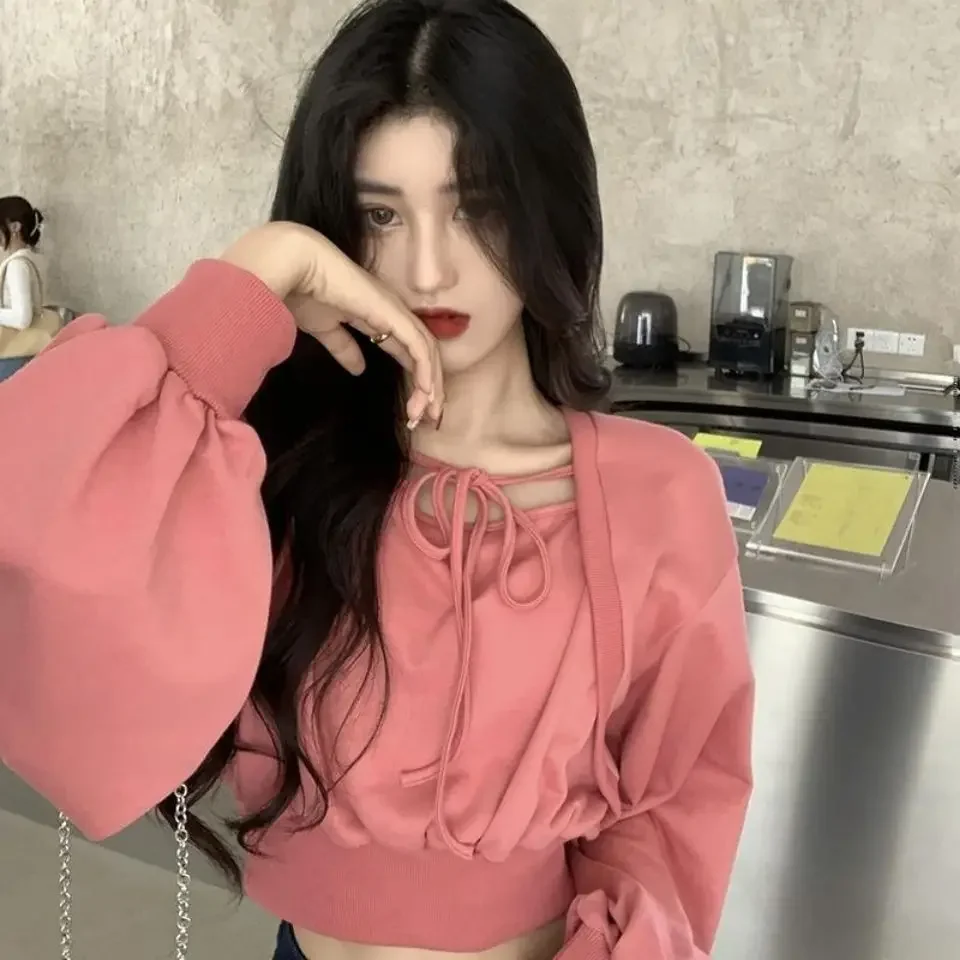 

Женские укороченные однотонные толстовки для колледжа, универсальные весенние толстовки для подростков, модная популярная одежда Ulzzang, женская простая новая одежда