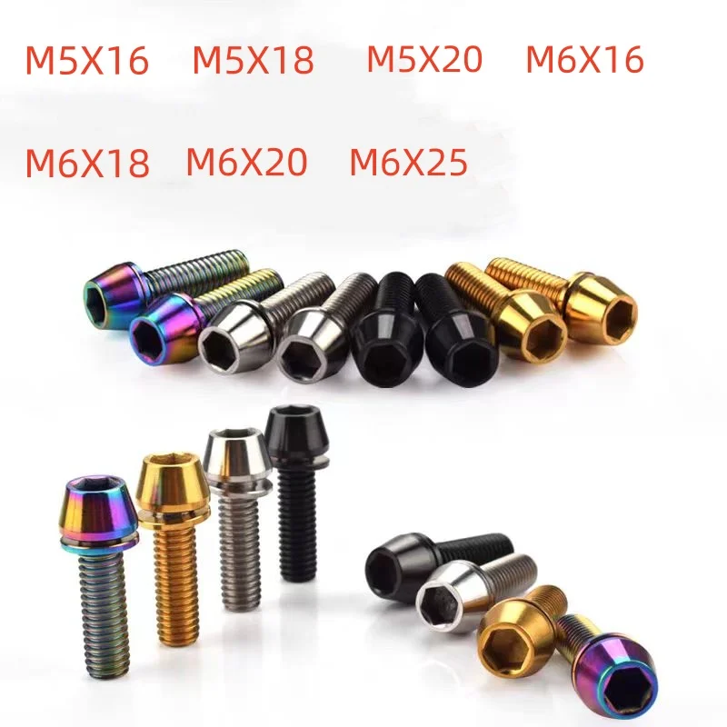 6pcs/12pcs M5 M6x16 18 20 25mm Titanium Bolts Conical Head Srews with Washer for Bicycle Stems Blue Black Rainbow Gold