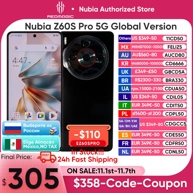 

Global Version Nubia Z60S Pro 5G Smartphone Snapdragon 8 Gen 2 MyOS 14.0 120Hz 6.78-inch AMOLED Screen 50M+50M+8M 5100mAh 80W