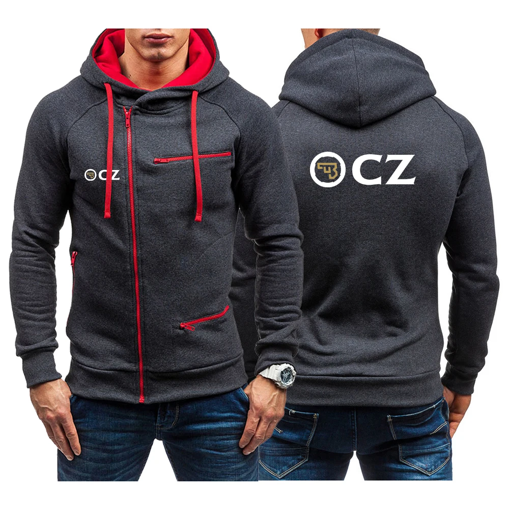 

CZ Ceska Zbrojovka 2023 Men's New Diagonal Zipper Hooded Long Sleeves Cotton Hoodies Casual Sports Jacket Pullover Tops Clothing