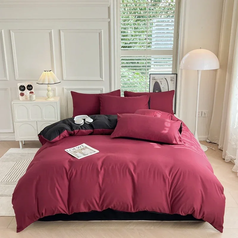 Red Solid Color 3pcs 4pcs Set Washed Cotton Single Sheet Simple Duvet Cover Student Dormitory Bedding 180x220 200x230 Quilt